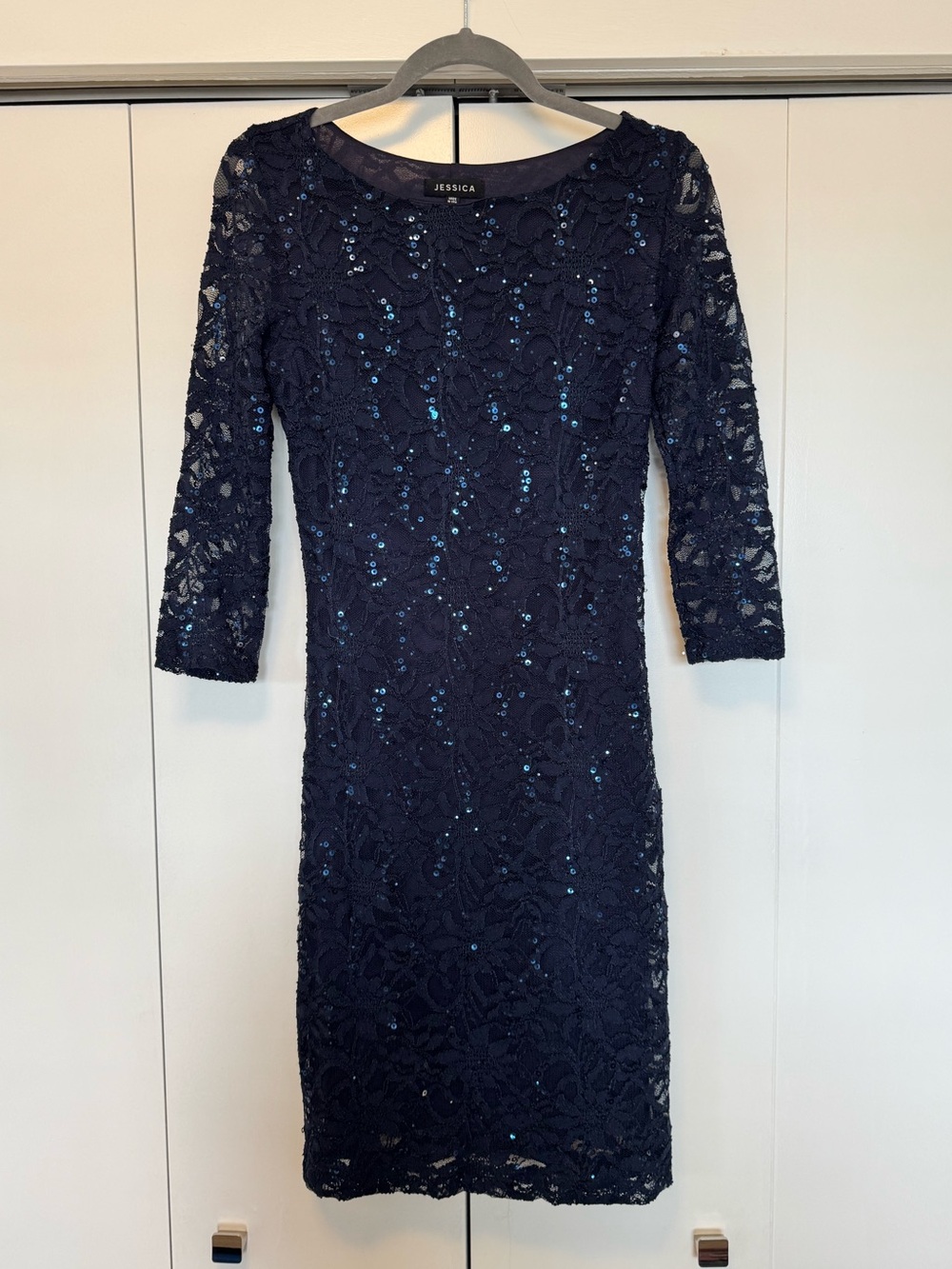 Jessica Navy Lace Sequin 3/4 Sleeve Sheath Dress Size 10